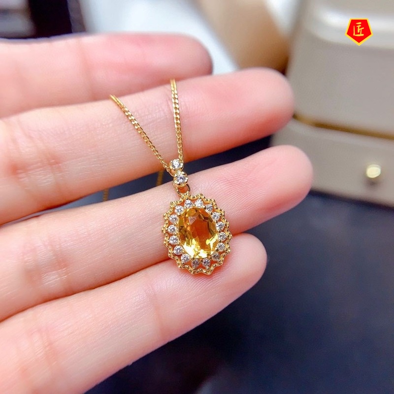 [Ready Stock]Lucky Citrine Pendant Set Full Diamond Rings Ear Studs