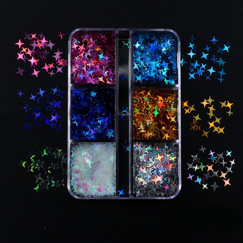 6 Grids Payet Glitter Holografik 3D Desain Bintang Kupu-Kupu Untuk Dekorasi Manicure Charms