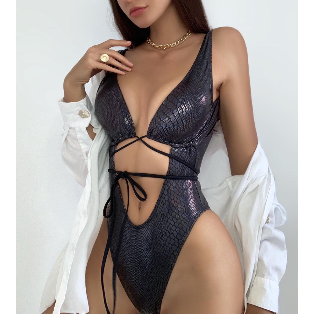 PREORDER New Bandage Snakeskin Hollow out One Piece Swimsuit Women High Cut bathing suit Backless Bo