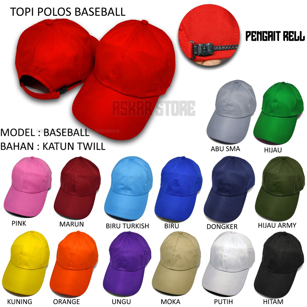 Topi polos baseball pria wanita dewasa warna hitam putih merah hijau biru kuning