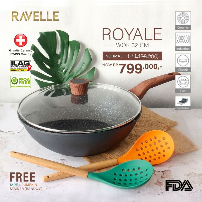RAVELLE Wok Ukuran 32 + Lid / wok anti lengket / wok baru / wajan anti lengket