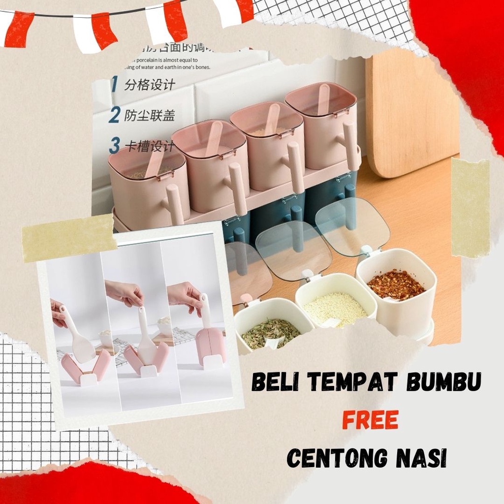 Rak Plastik Tempat Bumbu Dapur 4in1 Wadah Bumbu Masak Free Centong Nasi Kekinian Best Seller U6Q5
