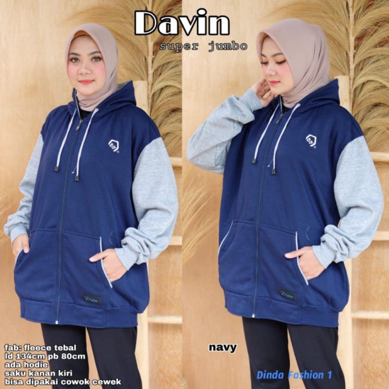 JAKET HOODIE WANITA DAVIN SUPER JUMBO FLEECE TEBAL ORI BY DINDA FASHION LD 134 PB 80 UNISEX LD 134-Navy