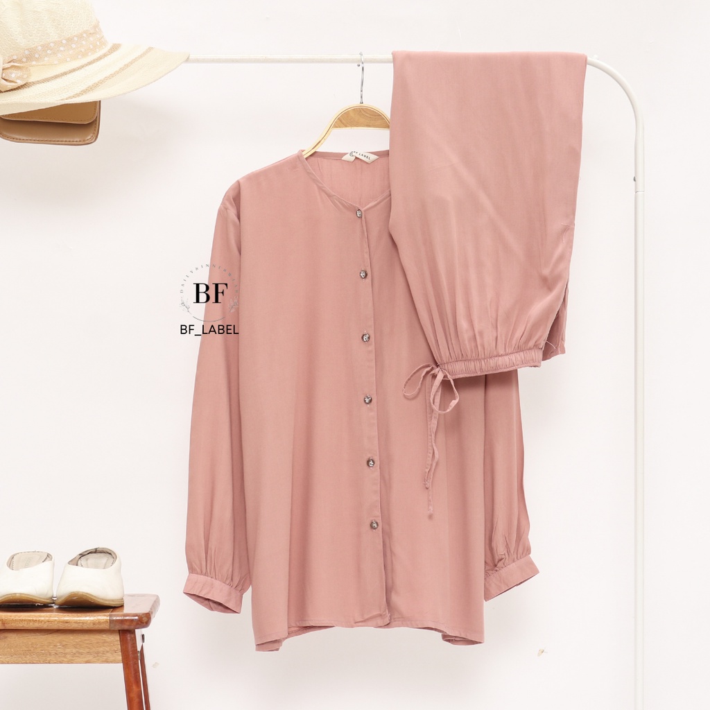 NARA SET | One set rayon polos basic celana panjang kemeja panjang sleepwear piyama by @bf_label BF Label-Rose