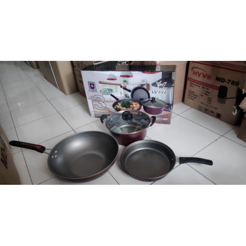 Panci Wajan Teflon WHO Set isi 3 pcs - Arria Panci Teflon Penggorengan Set