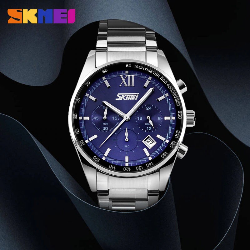 Jam Tangan Pria / SKMEI 9096 Analog Date Chrono aktif / Stainless Steel Analog Original / SKMEI