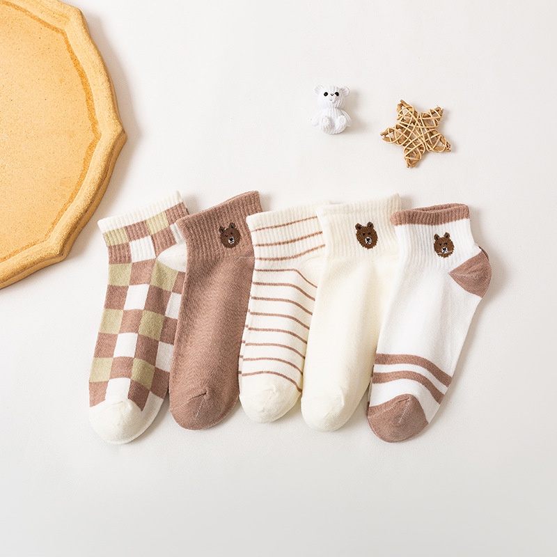 [littlecrab] Kaos Kaki Bear Chocolate Cute Women Socks Import Kaos Kaki Berkualitas Square Brown White Kaos Kaki Beruang Korean Style-3