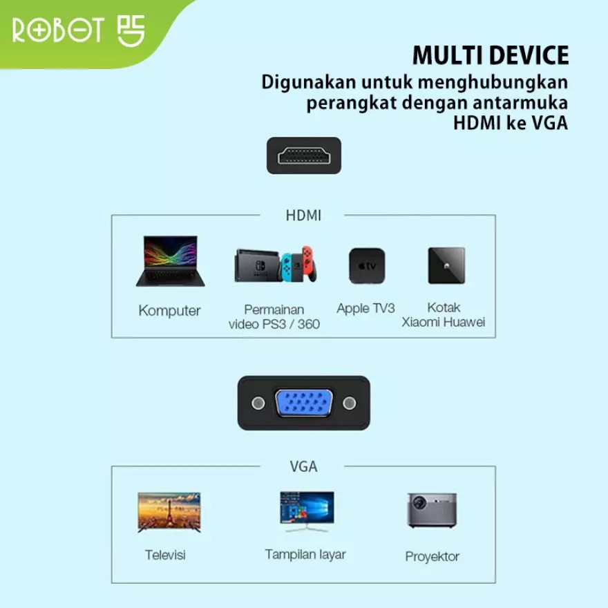 ROBOT RHV10 RHV 10 Converter Adapter HDMI TO VGA 1080P Without Audio &amp; Power Black Garansi Original Resmi KONVERTER HDMI KE VGA