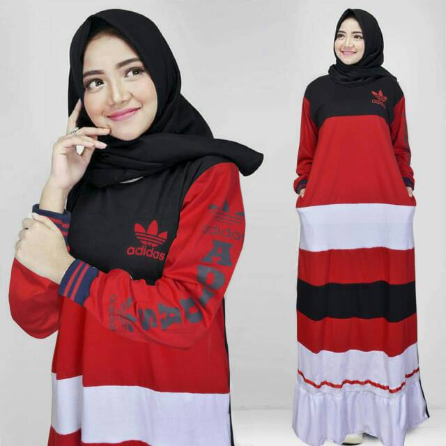 Gamis wanita murah rempel motif adidas gamis casual sporty terbaru