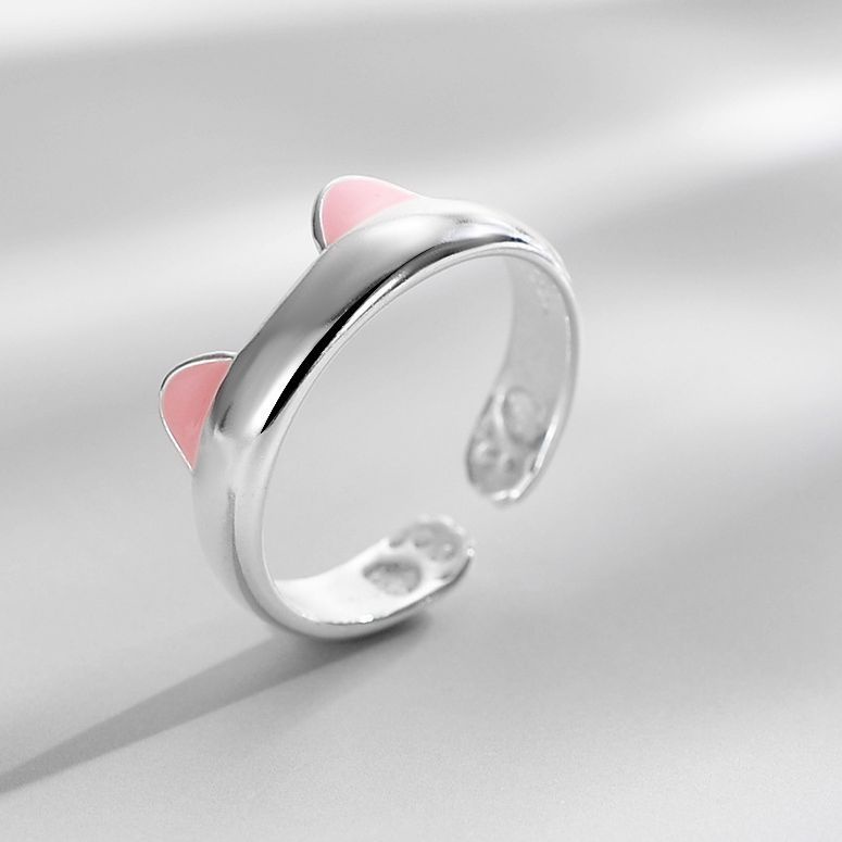 Cincin Pasangan Desain Kucing | Cincin Model Terbuka Desain Telinga Kucing / Anjing Untuk Wanita | Cincin Adjustable Bahan Alloy Gaya Jepang / Korea Untuk Wanita