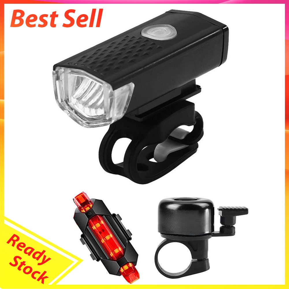 USB Rechargeable MTB Bike LED Light Set w/ Bell Waterproof Safety Warning