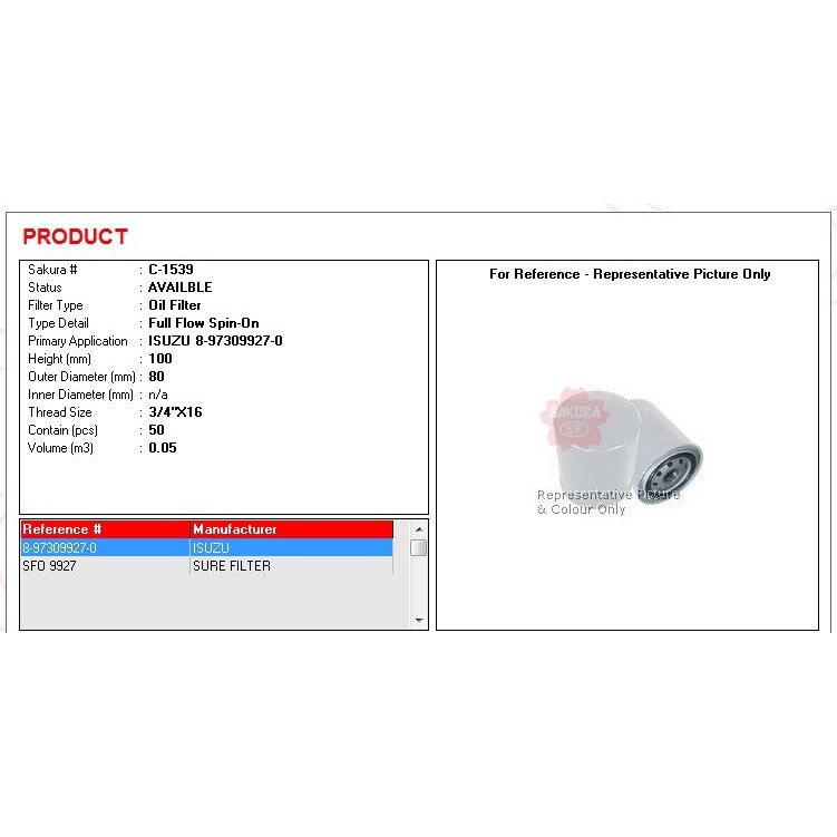 Filter Oli/Oil Filter Isuzu Dmax 2005 Merk Sakura (C-1539)