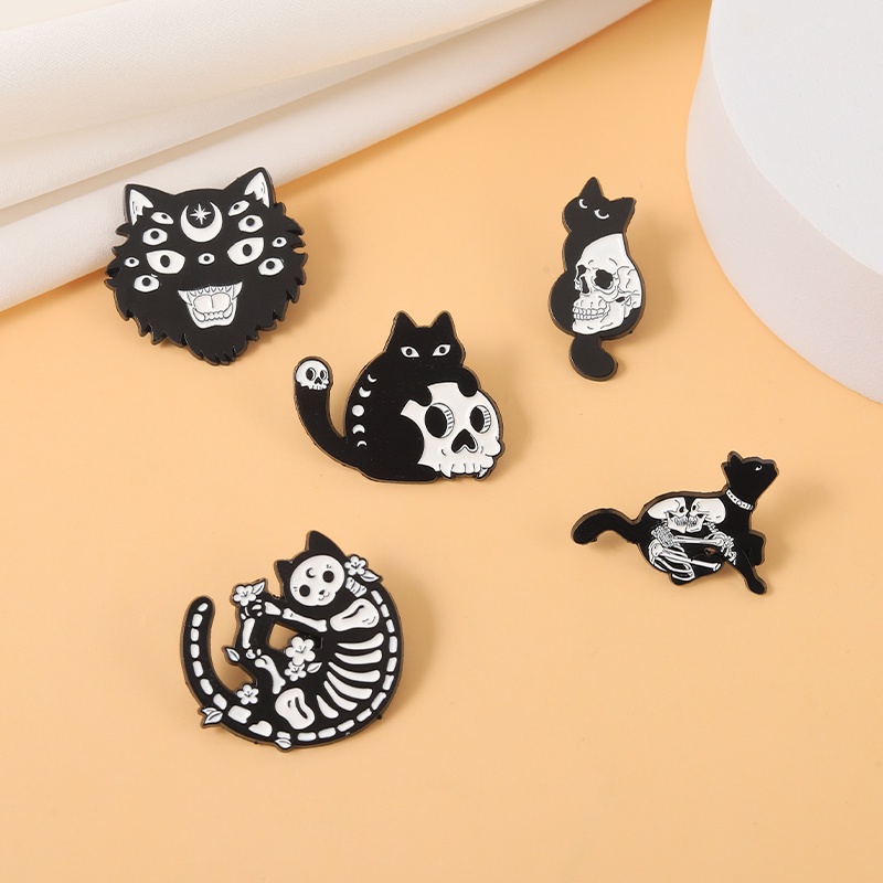 Bros Pin Enamel Bentuk Kucing Tengkorak 5 Gaya Gothic Punk Untuk Hadiah