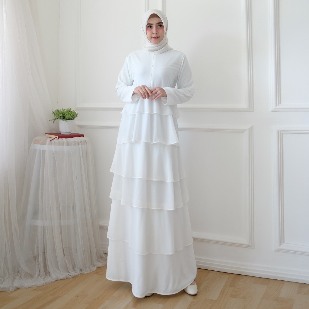 GAMIS PUTIH POLOS CERUTI SUSUN WANITA MUSLIMAH M1145, GAMIS UMROH HAJI