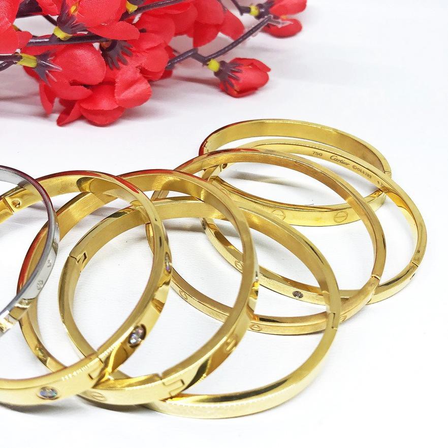 {[PROMO]} Gelang Bangle Titanium Silver Gold Polos Tipis Tebal Small Medium Mata Putih - BB388 - Pal
