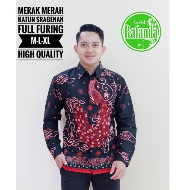 Kemeja Batik MERAK MERAH FULL FURING Katun Halus Sragenan Size M-XXL Asli Solo