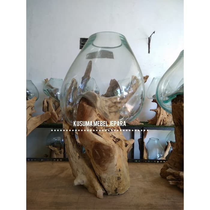 Pot Kaca Hias Kayu Jati Erosi Kode 005 B (Tinggi 65cm)