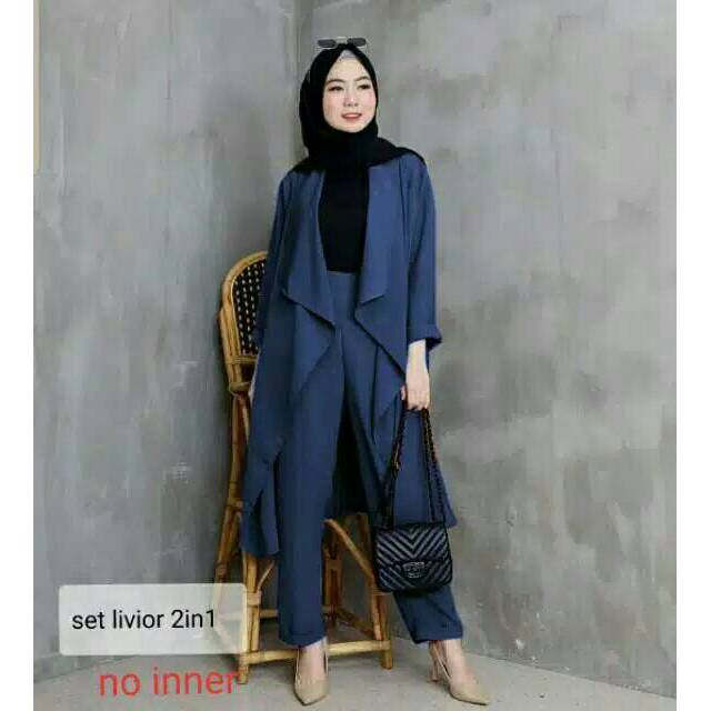 SET CARDI CELANA  LIVIOR 2IN1, MOSCREPE, GAMIS HIJAB MUSLIM, CARDIGAN, SETELAN