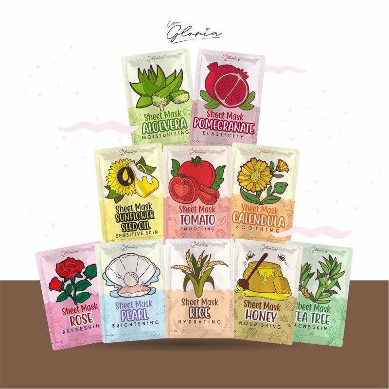 LEA GLORIA sheetmask bpom sheet mask murah masker lembaran termurah viral original asli topeng pearl tomato tomat sunflower seed oil pomegranate rice calendula rose honey tea tree aloe vera tomat bunga matahari petals petal anti aging jerawat acne prone