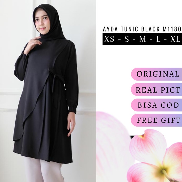 Tunik wanita muslim tunic hitam polos XS / S / M / L / XL AYDA M1180 - XS