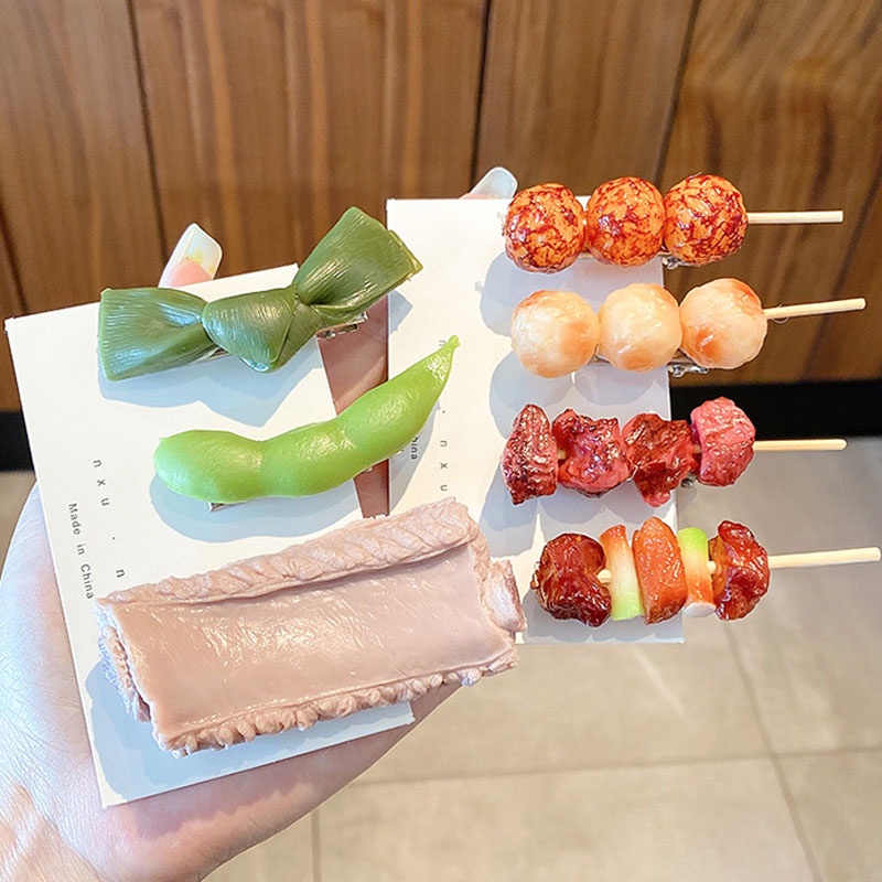 Mini Creative Simulation BBQ Food Side Hair Clip/ Plastic Fake Vegetables Meat Skewers Bangs Clip