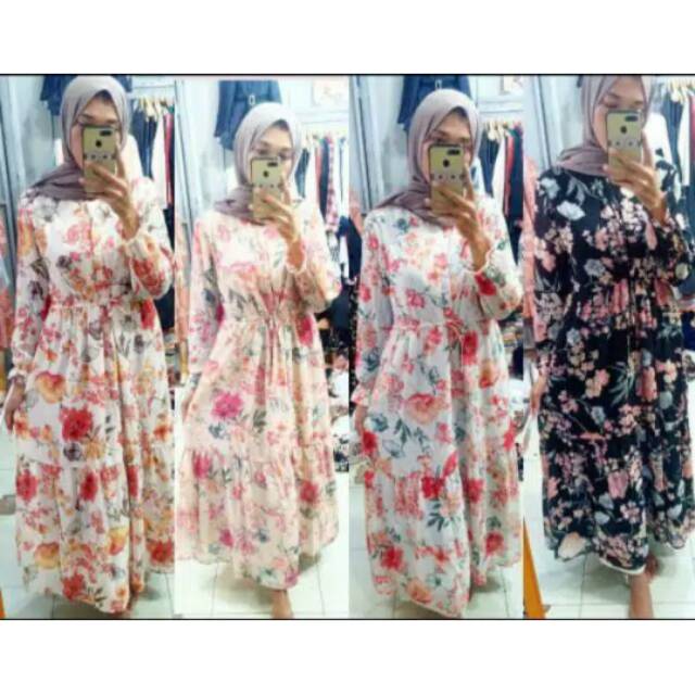 Tunik Nagita bahan sifon motif bunga pinggang serut