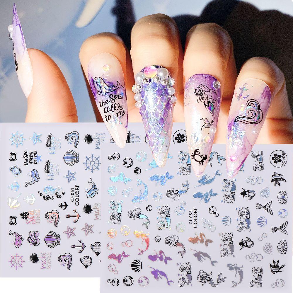 Mxbeauty Kartun Stiker Kuku 3D Musim Panas DIY Dekorasi Kuku Manicure Daun Mermaid Tanaman Nail Decal