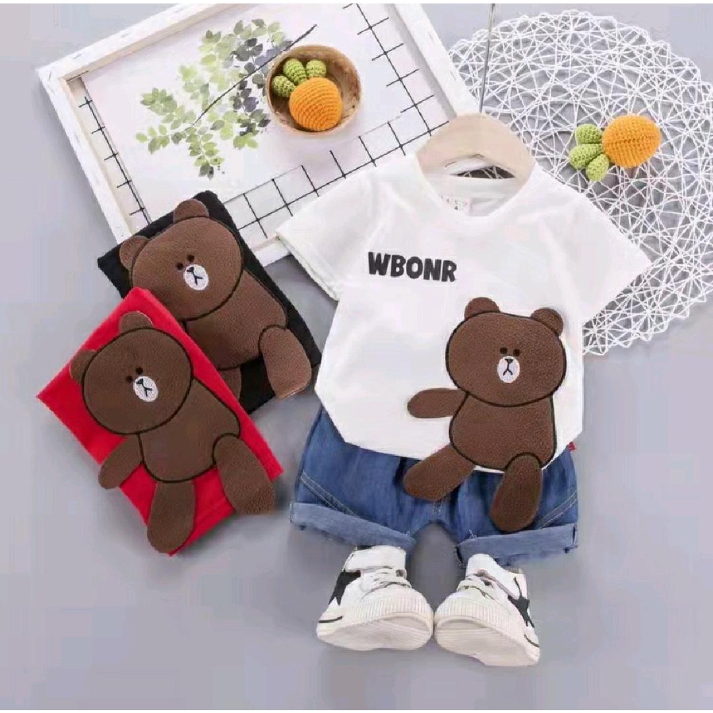 PROMO/SETELAN ANAK TERBARU/SETELAN JEANS PENDEK MOTIF BEAR 1-5 TAHUN