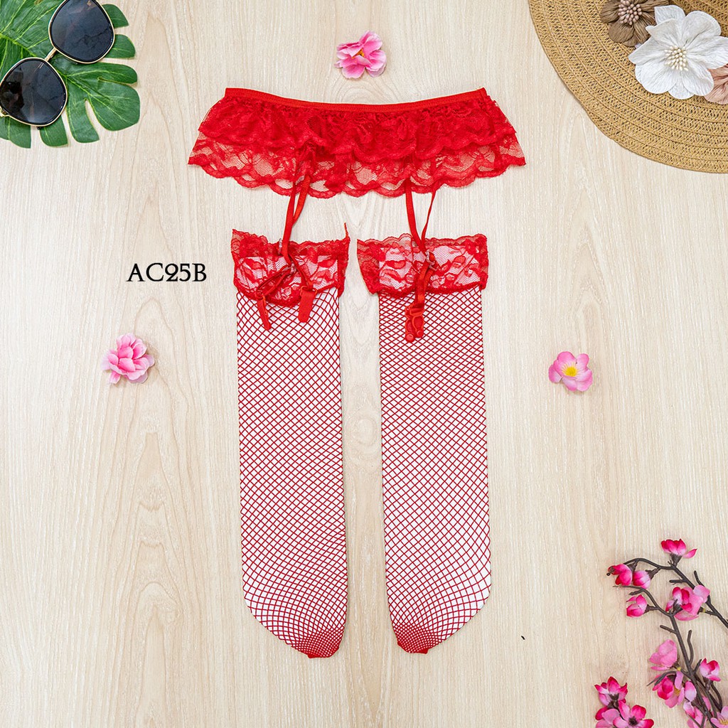 [PALING LARIS] SABUK PAHA GARTER BELT + STOCKING SEXY LACE MERAH AC25B