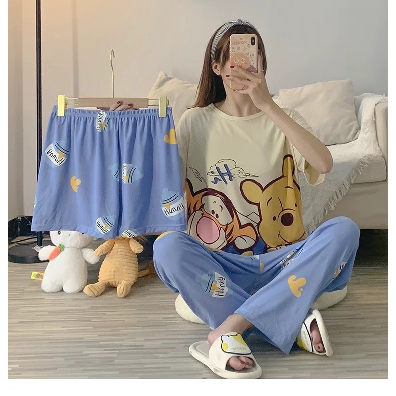 Baru set Baju Tidur Wanita Dewasa Oversize Piyama Bahan Kaos Celana Panjang  Pendek Setelan Baju Tidur 3IN1 Setelan Piyama