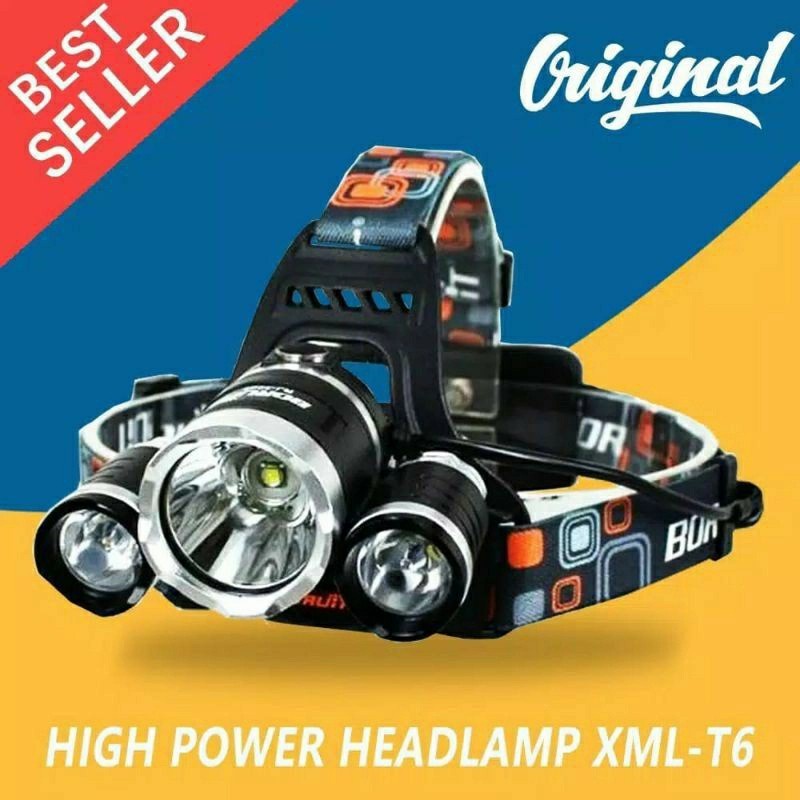 Senter Kepala LED 3 Mata XML T6 dengan 4 Mode Cahaya - HeadLamp Led Head Lamp Charge Camping