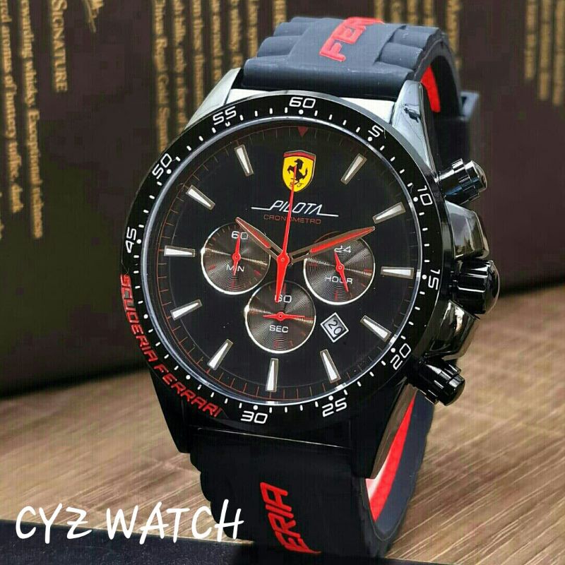Jam Tangan Pria Elegan Exclusive FERRARI PILOTA MONSTER RUBBER Premium Watch Black Red