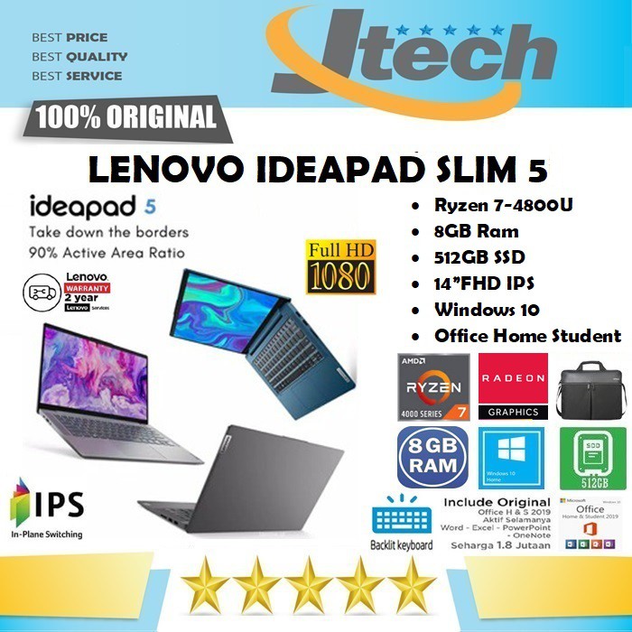 LENOVO IDEAPAD SLIM 5 - RYZEN 7-5700U - 8GB - 512GB SSD - BACKLIT KB - 14