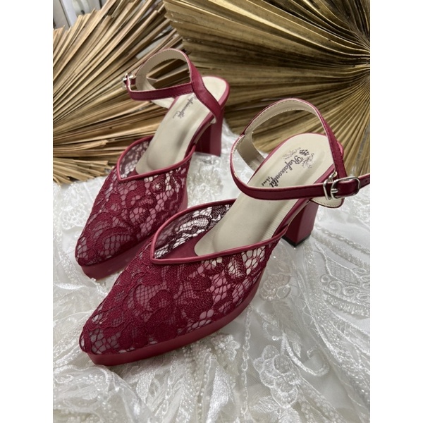 Rafaizoutfit sepatu alummi merah marron tali sepatu wedding heels tinggi 9cm tahu