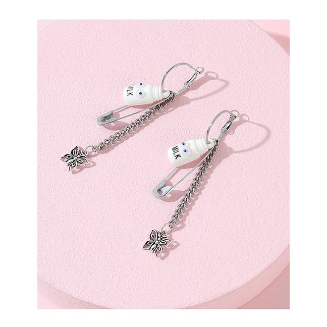 LRC Anting Tusuk Fashion Silver Small Doll Resin Pin Butterfly Tassel Earrings Y64703