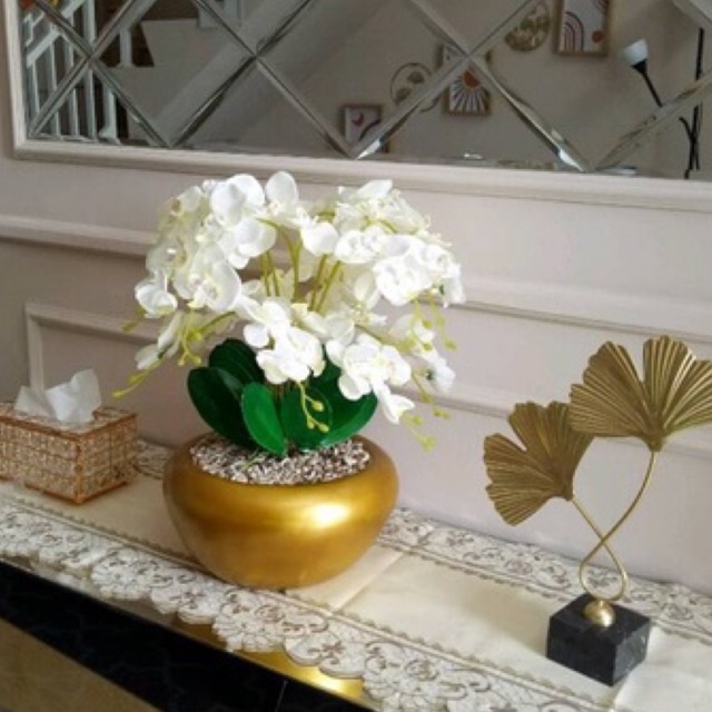 BUNGA ANGGREK CABANG 12 VAS GOLD ARTIFICIAL/ BUNGA ANGGREK KAIN / HIASAN RUMAH / BUNGA ANGGREK PALSU