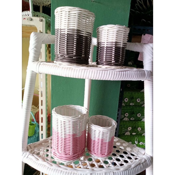 Tempat Pensil Rotan Sintetis Isi 12 Pieces Paket Besar Dan Kecil Anyaman Rotan Elegan Minimalis
