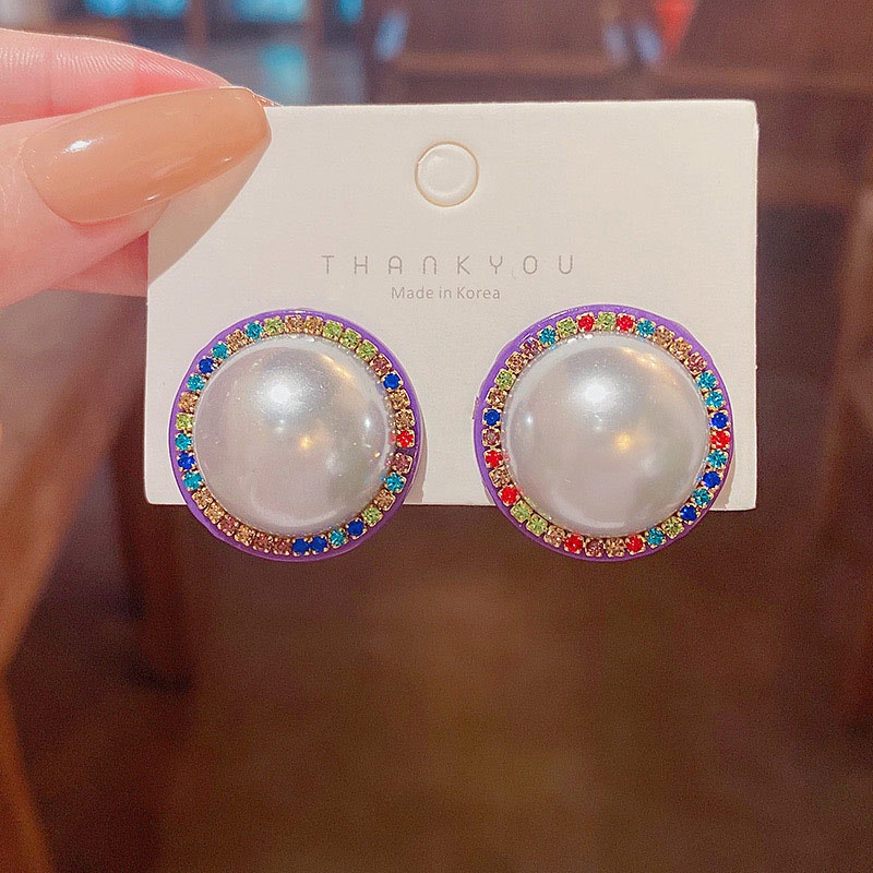 Anting Stud 925 silver needle Bentuk Lingkaran Besar Aksen Mutiara Berlian Imitasi