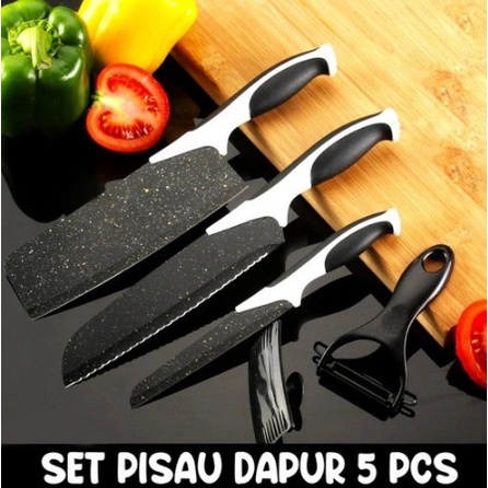 Pisau Set Dapur 5in1 isi 5pcs Maifin Hitam  / Pisau set 5 pcs / PISAU DAPUR SET 5 PCS/PISAU KERAMIK Set Pisau Dapur isi 5 pcs Maifan /  Pisau Dapur + Peeler Hitam 515 Pisau set batu maifan 5in1