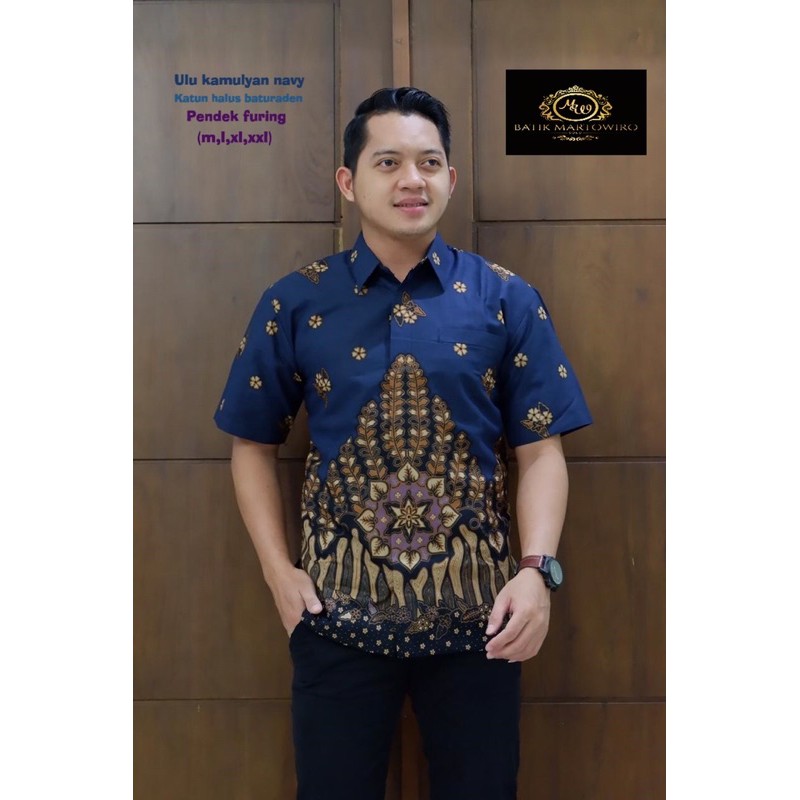 BATIK KANGEN KAMULYAN NAVY FULL FURING KATUN HALUS SRAGENAN SIZE M-XXL ASLI SOLO-Lengan Pendek