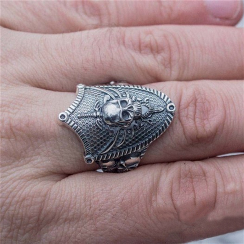 Pria Retro 316L Stainless Steel Tengkorak Pedang Perisai Cincin Gothic Punk Cincin