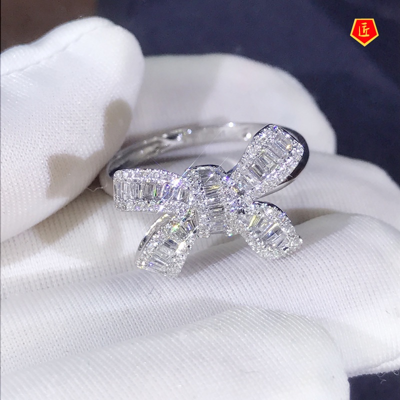[Ready Stock]Bow Ladder Square Zircon Ring Beautiful Luxury Temperament Female