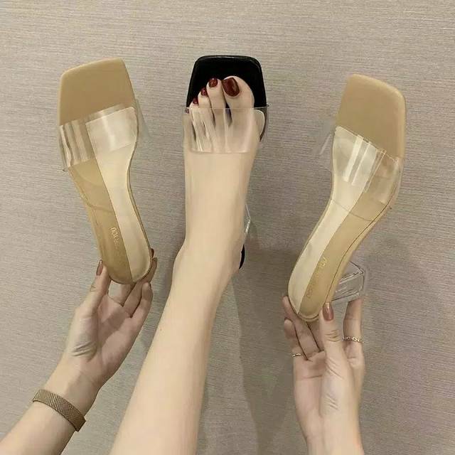 SANDAL HEELS PESTA HAK MIKA KACA TRANSPARANT SENDAL HEEL UNDANGAN IMPORT KOREA PENDEK EMORY