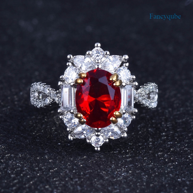 Fancyqube Cincin Sterling Silver 925 Model Terbuka Dengan Batu Zircon Oval Merah Vintage Untuk Wanita