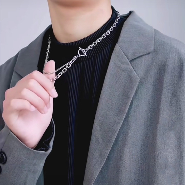 Jepang dan Korea ins double-layer kalung sederhana hip hop titanium baja PL rantai sederhana all-mat