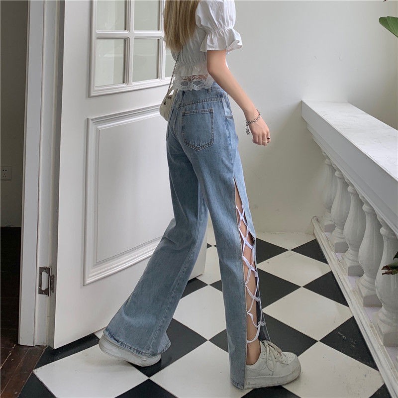 Suhao Musim panas Baru Vintage Hyun-ah Sisi Slip Celana Spice Girl Fried Street Jeans Celana Panjang Wanita Slim Fit Lebar Celana