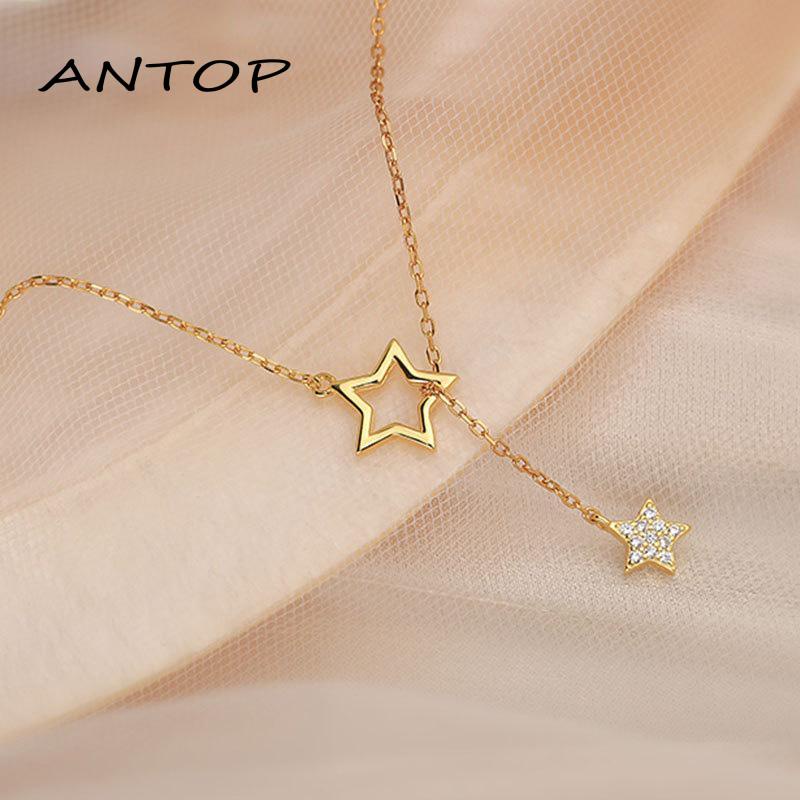 Kalung Rantai Dengan Liontin Bintang Hollow Out Aksen Berlian Imitasi Untuk Wanita