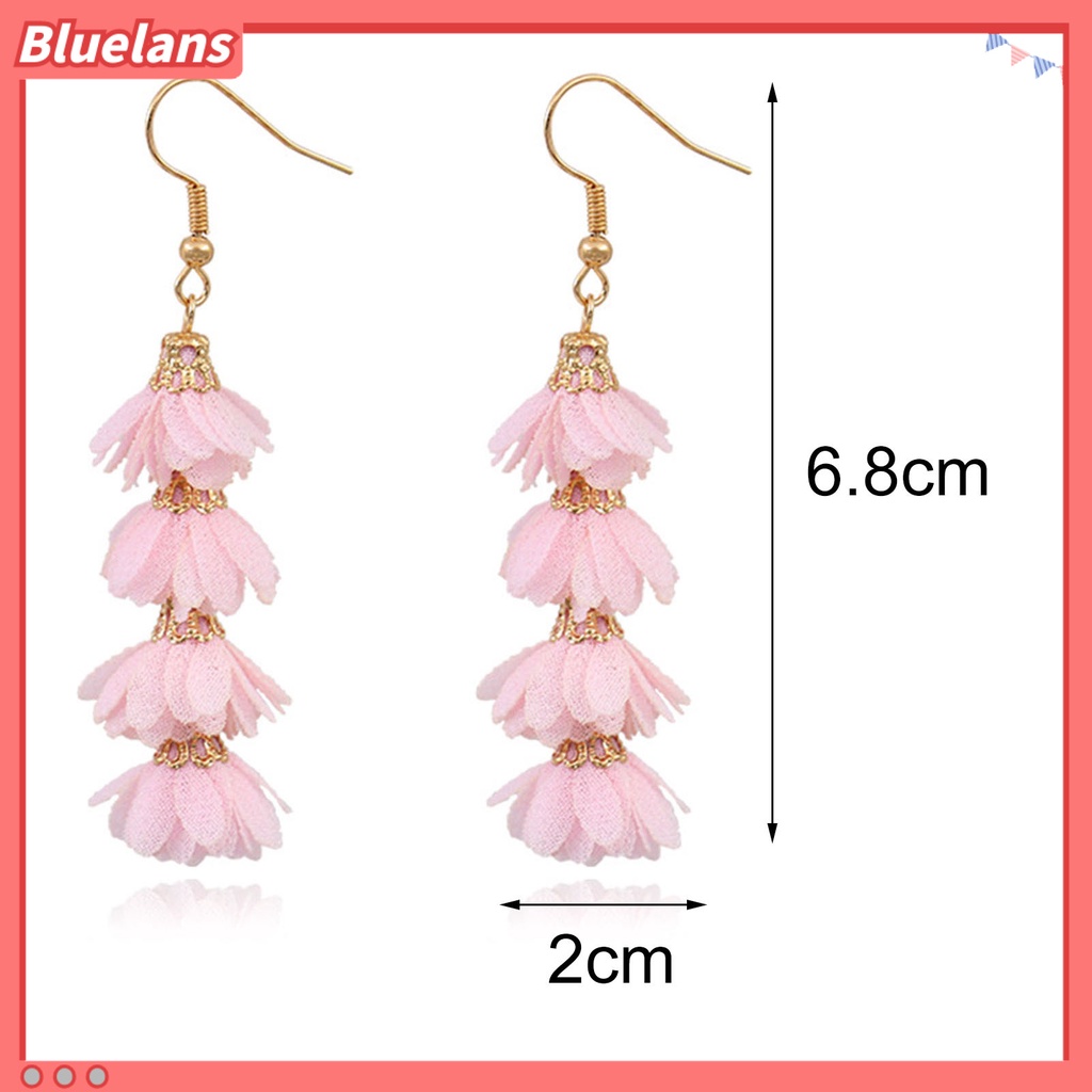 Bluelans 1 Pasang Anting Kait Gantung Wanita Desain Bunga Kain Alloy Rumbai Multi Layer Untuk Hadiah