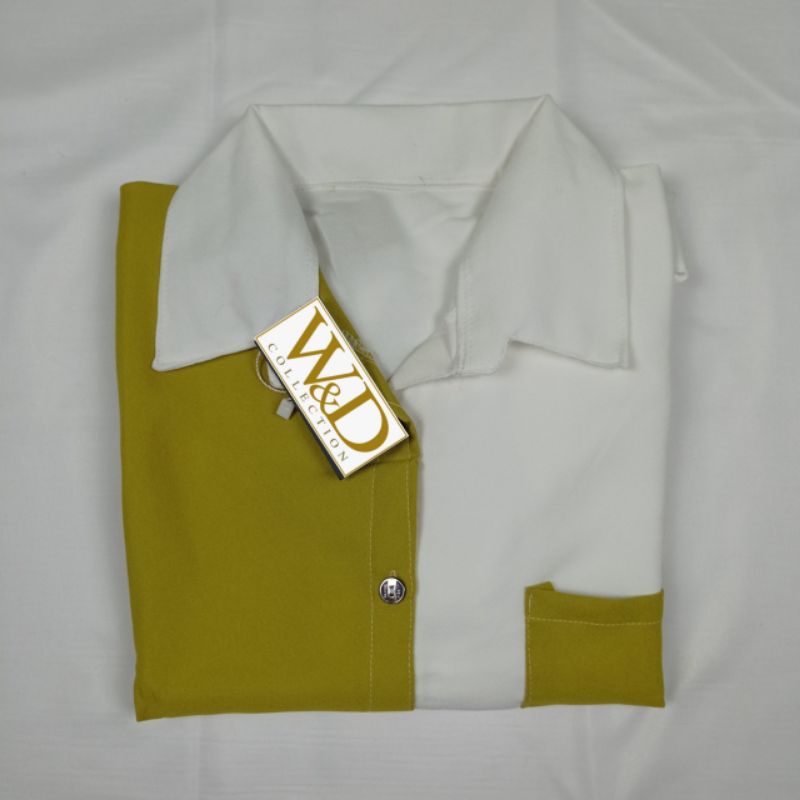 Kemeja Wanita Polos Casual Blouse Basic Kombinasi Warna Lengan Panjang Kekinian  Moscrepe-Lemon Kombi 84