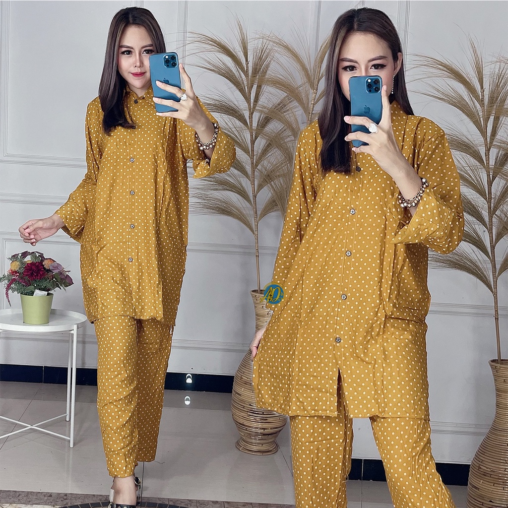 Set Piyama Daster Rayon Kancing Depan Busui Polkadot Lengan Panjang Busui Kekinian